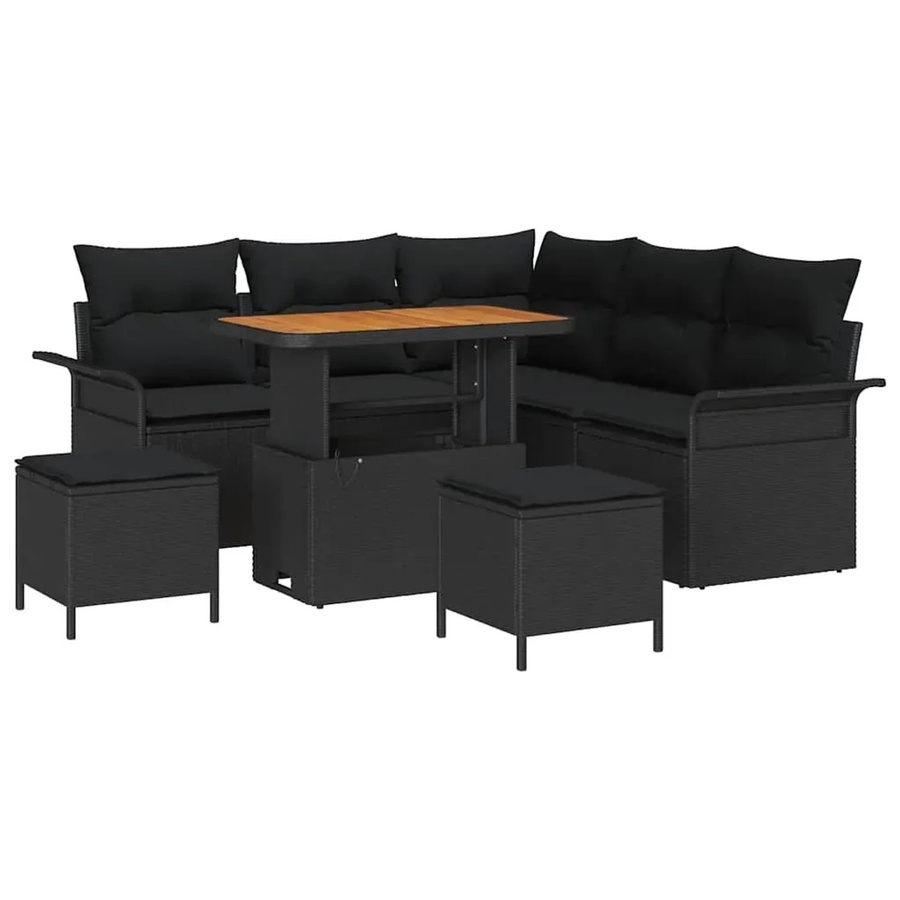 vidaXL Garten-Sofa-Set aus Polyrattan in Schwarz, 8-teiliges L-Shape Lounge-Set mit Polsterung und Hockern für Terrasse und Garten - Bild 2