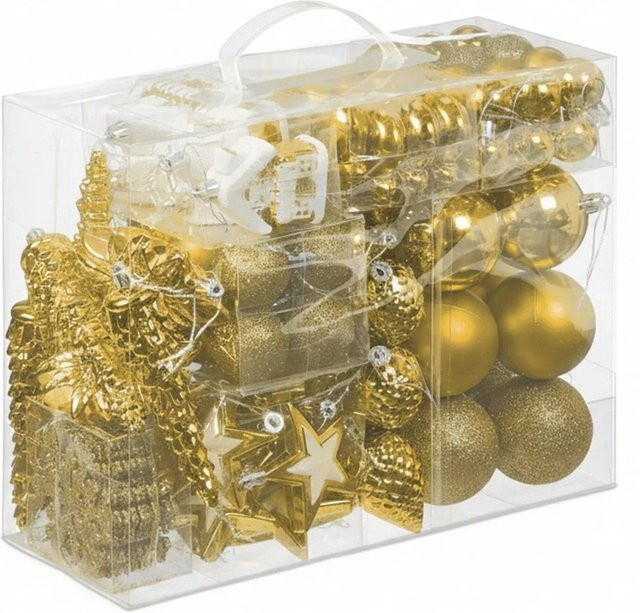 Relaxdays Weihnachtskugeln Set in Gold aus Polystyrol mit verschiedenen Motiven wie Zapfen, Sternen und Schneeflocken inklusive Aufbewahrungsbox - Bild 1
