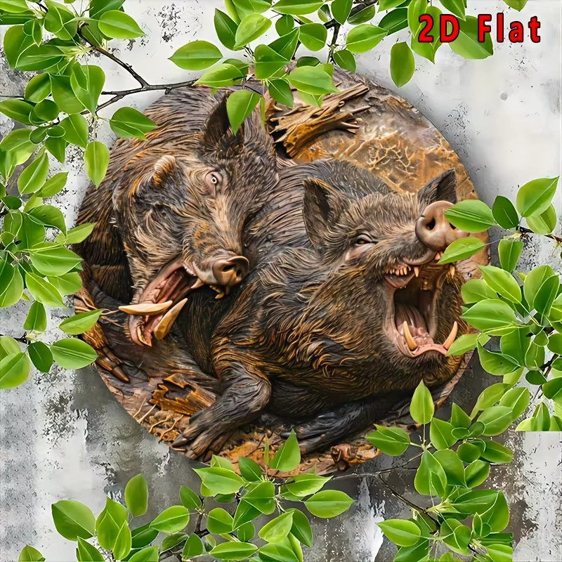 Potdemiel Vintage Wildschwein Wandkunst Dekoratives Metallschild Rund, Durchmesser: 20 cm, Mehrfarbig - Bild 3