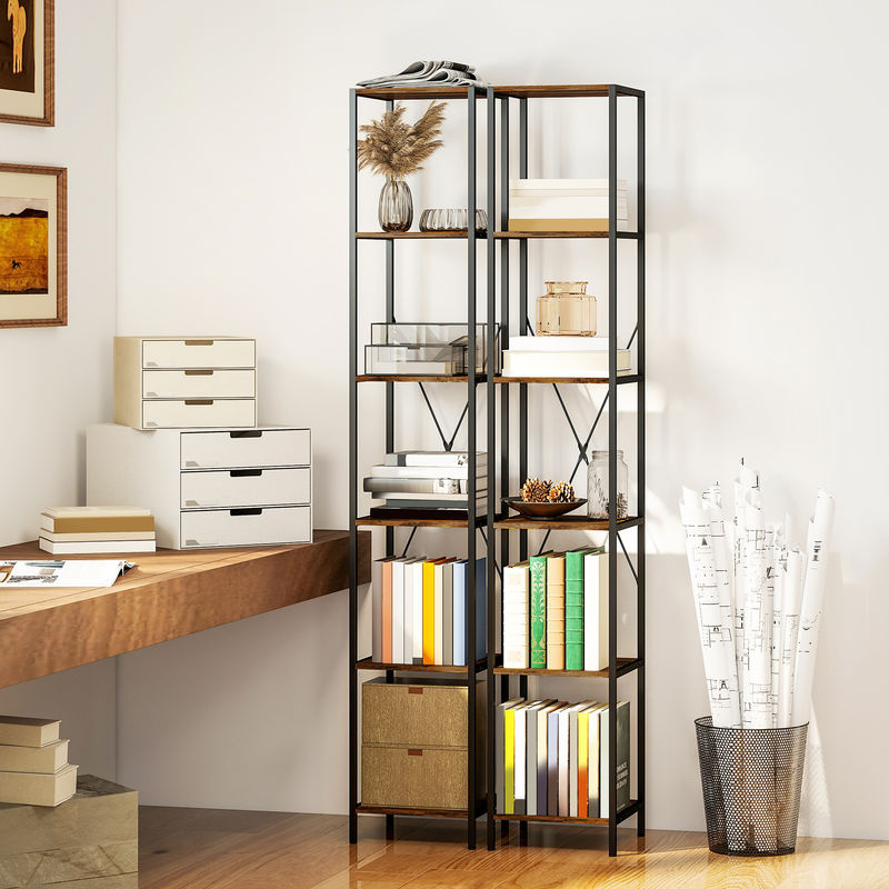 HOMCOM 2er-Set Bücherregal im Industrial Design mit 6 Ebenen, Standregal aus Metall und MDF, Farbe: Rustikal-Braun, B/T/H: 30 x 30 x 174,5 cm - Bild 2