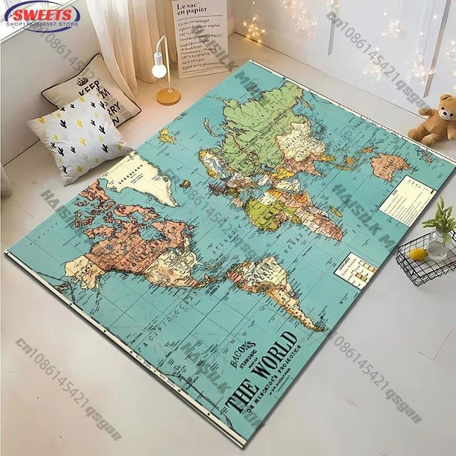 Karpetti Vintage Weltkarte Teppich in Blau, fleckenabweisender und waschbarer Dekoteppich für Wohnzimmer, Schlafzimmer oder Büro, B/T: 180 x 230 cm - Bild 1