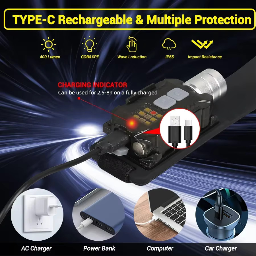 Heinast Tragbare XPE und COB LED Taschenlampe mit Bewegungssensor, Wiederaufladbarer Scheinwerfer in Schwarz - Bild 4
