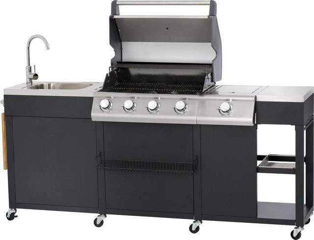 Outdoor-Küche mit Gasgrill aus Edelstahl in Schwarz und Silber, B/T/H: 210 x 127 x 57 cm - Bild 1