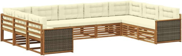 vidaXL Outdoor-Sofagarnitur aus Massivholz Akazie in U-Form, 9-teiliges Set in Natur und Beige mit Sitz- und Rückenkissen - Bild 1
