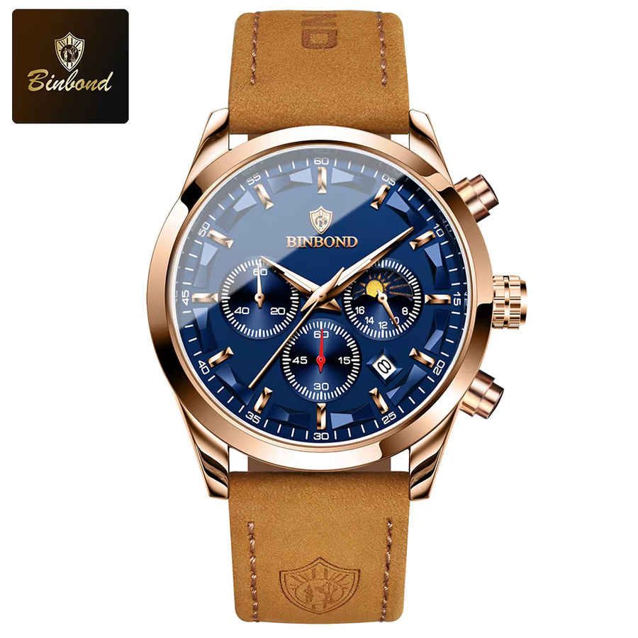 BINBOND Armbanduhr, Quarz, Leder, Blau, Datum, Wochentag, Herren - Bild 3