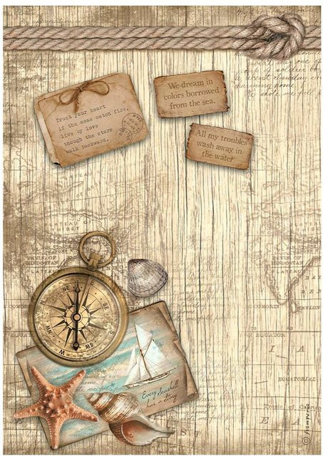 Stamperia Motiv-Strohseide Sea Land - Compass in Multi, Format A4, matt - Bild 1