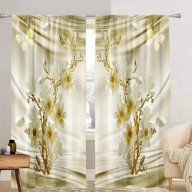 2er-Set Golden Palace Vorhänge mit Blumen, Pfau und Schwan Print, Beige, halbtransparent, B: 100 cm, H: 130 cm - Bild 1
