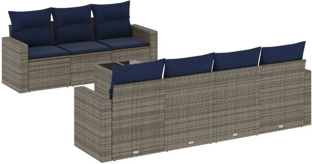 vidaXL 8-teilige Garten-Sofagarnitur in L-Form aus grauem Poly-Rattan mit Kissen und Tisch - Bild 1