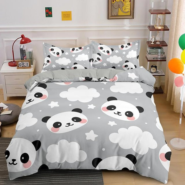 Binchi Panda Bettwäsche-Set aus Mikrofaser für Kinder und Teenager, Grau, B/H: 150 x 200 cm - Bild 1