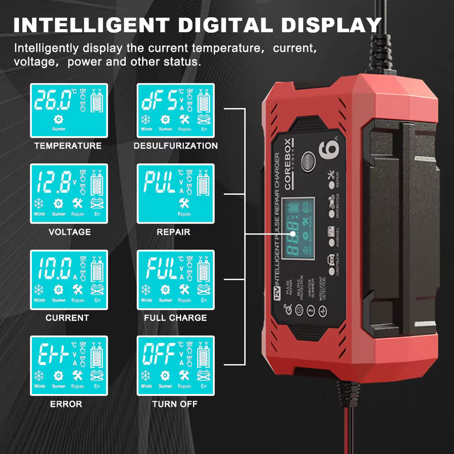 Intelligentes Multifunktions-Batterieladegerät mit Puls-Reparaturfunktion für Motorrad, SUV und Lkw, 12V/6A, Rot - Bild 4