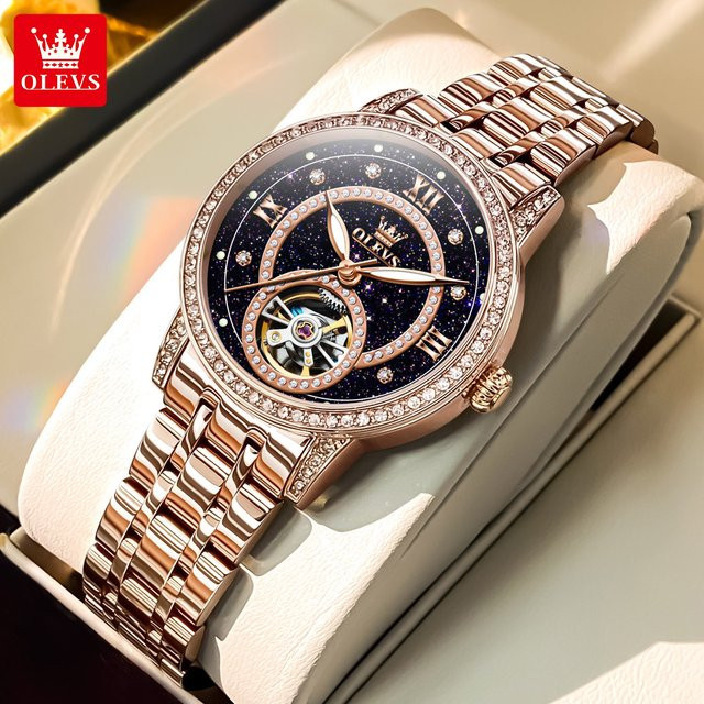 OLEVS Armbanduhr Automatik, Edelstahl, Roségold, Diamant, Damen - Bild 1