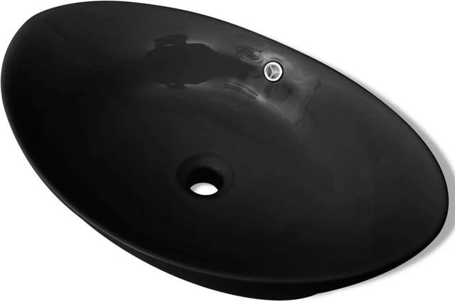 vidaXL Keramik Waschbecken Oval Schwarz mit Überlauf, Aufsatzwaschbecken, B: 59,0 cm, T: 38,5 cm, H: 19,0 cm - Bild 1