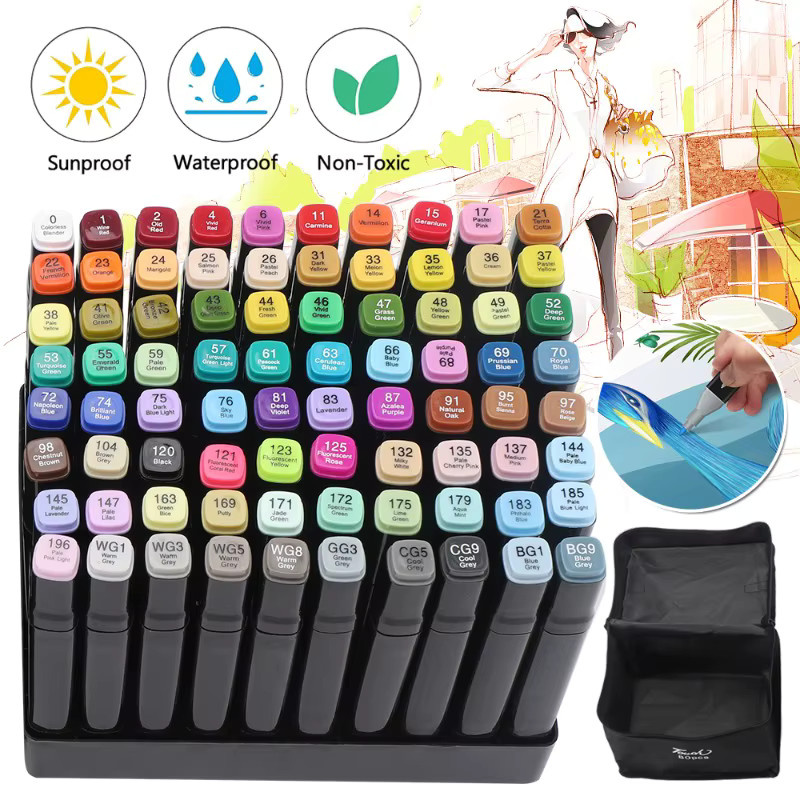 80 Farben Alkohol-Marker-Set mit Doppelspitze in Fein und Breit inklusive Ständer für Manga, Graffiti und Zeichnungen, Mehrfarbig - Bild 7
