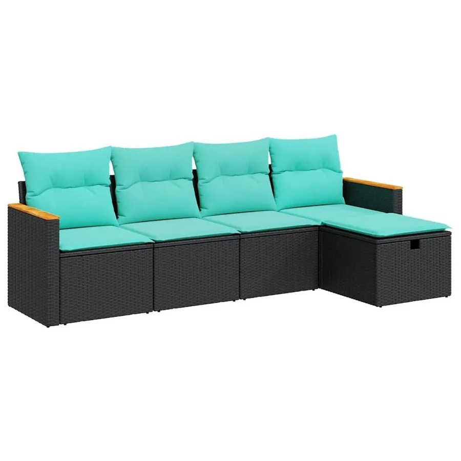 vidaXL 5-teilige Garten-Sofagarnitur in L-Form aus Poly-Rattan mit blauen Kissen und Metallgestell in Schwarz - Bild 2