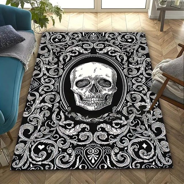 Rutschfester Teppich mit Schädel-Gotik-Muster von Creativity Home Textiles, Schwarz, B/T: 70 x 100 cm - Bild 1