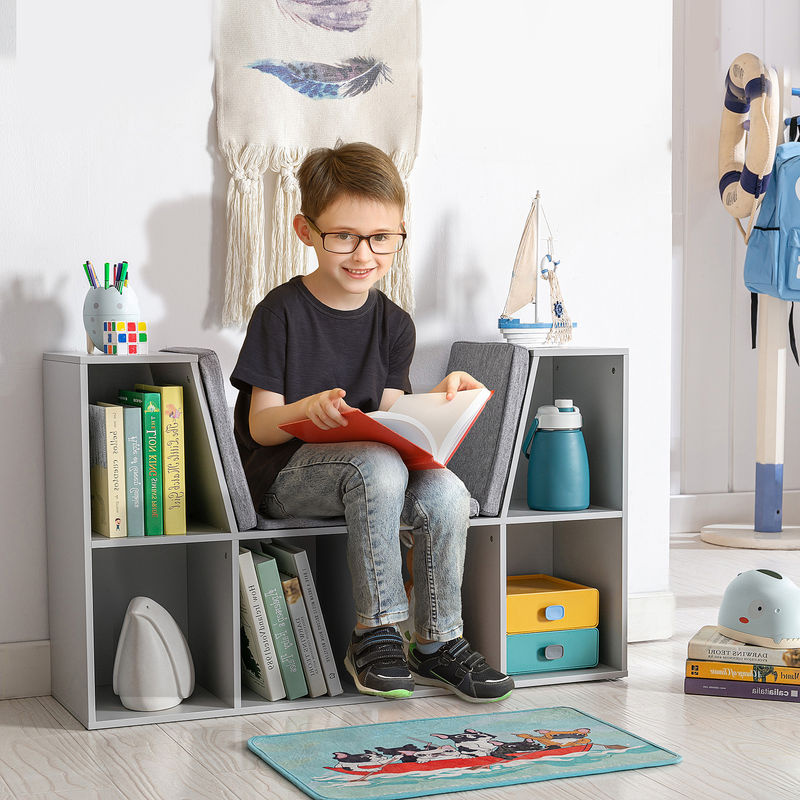 HOMCOM Kinderregal mit Sitzhocker und Sitztruhe in Grau, Bücherregal mit 6 Fächern und 3 Kissen, Spielzeugkiste für Kinder, B/T/H: 103 x 30 x 62 cm - Bild 2