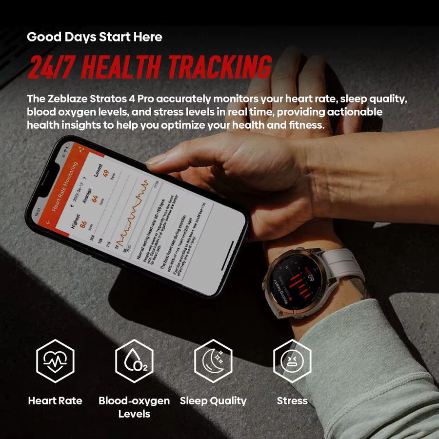 Zeblaze Stratos 4 Pro Smartwatch in Schwarz mit 1,43 Zoll AMOLED Display, Dual-Band-GPS, 5ATM Wasserdichtigkeit, Herzfrequenz- und SpO2-Monitor sowie Bluetooth-Anruffunktion - Bild 6