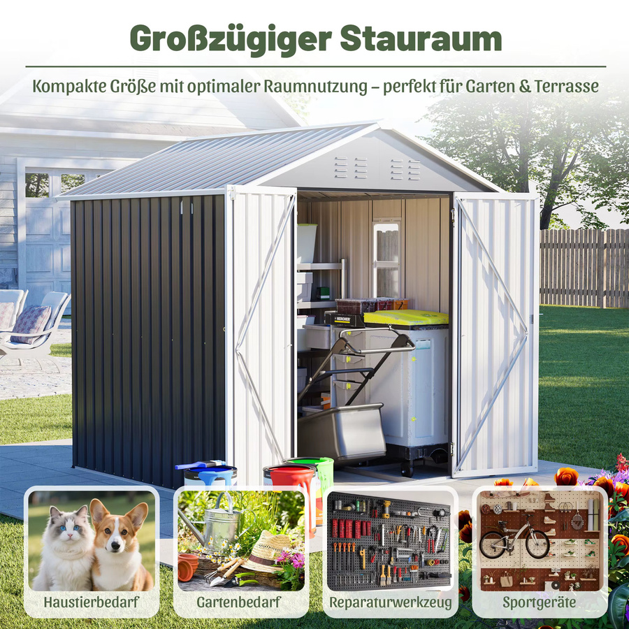 GIHAUVIA Outdoor-Gartenschuppen aus verzinktem Stahl in Silber, robustes Gartenhaus mit Metallbodengestell und abschließbaren Türen, B/T/H: 185 x 182 x 191 cm - Bild 7