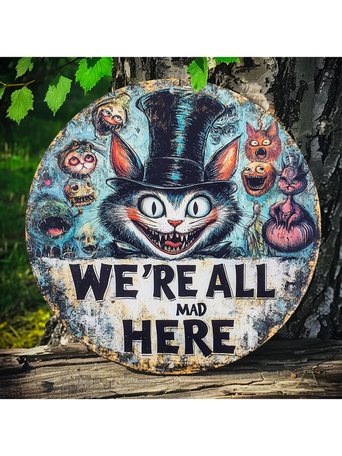 Potdemiel Rundes Aluminiumschild Vintage Grinsekatze We're All Mad Here Wandkunst Mehrfarbig Durchmesser: 20,32 cm - Bild 5