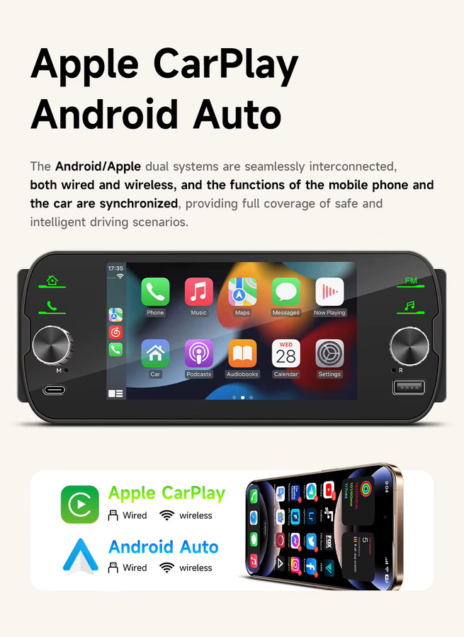 BQCC 1DIN 5 Zoll Universal Auto Multimedia Stereo Radio mit Wireless CarPlay und Android Auto, Schwarz mit 7 Farben LED-Beleuchtung - Bild 2