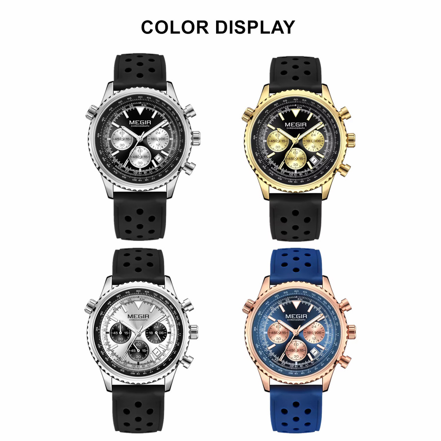 MEGIR Armbanduhr Chronograph, Quarz, Silikon, Schwarz, Herren - Bild 3