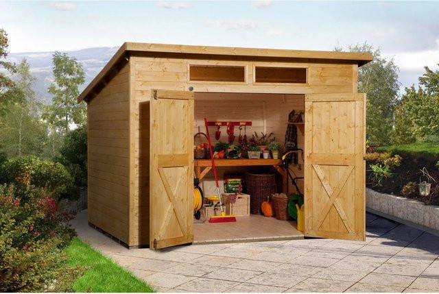 WEKA Gartenhaus 325 A Gr.1 aus Holz mit Pultdach in Beige, B/H/T: 278 x 235 x 194 cm - Bild 1