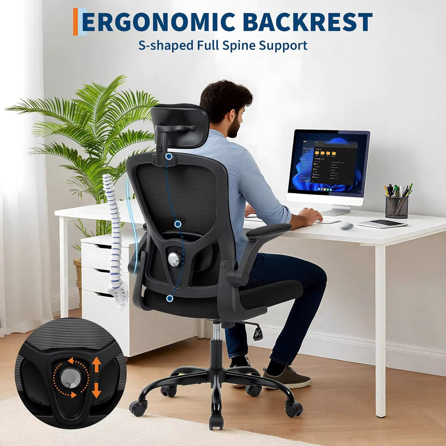 Ergonomischer HobbyLane Bürostuhl aus Netzstoff in Schwarz mit hoher Rückenlehne, verstellbarer Kopfstütze und Lordosenstütze - Bild 4