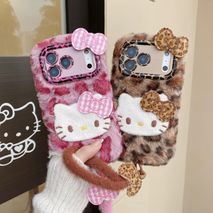 Sanrio Hello Kitty Plüsch-Handyhülle mit Leopardenmuster für iPhone 11 bis iPhone 17 Pro Max - Bild 2