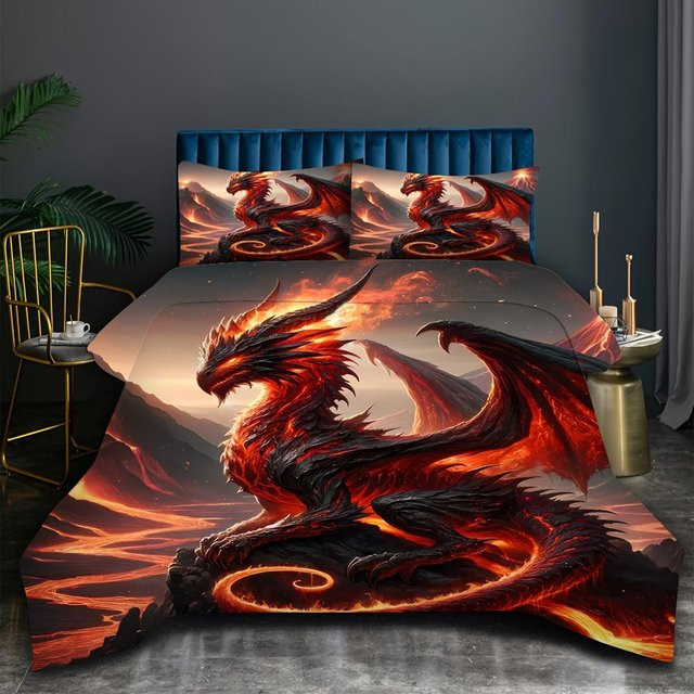 3-teiliges Wildes Feuerdrachen Bettwäsche-Set mit 3D-Drachen-Print in Schwarz, bestehend aus Bettbezug und Kissenbezügen aus Mikrofaser, Größe: B: 240 cm, H: 210 cm - Bild 1