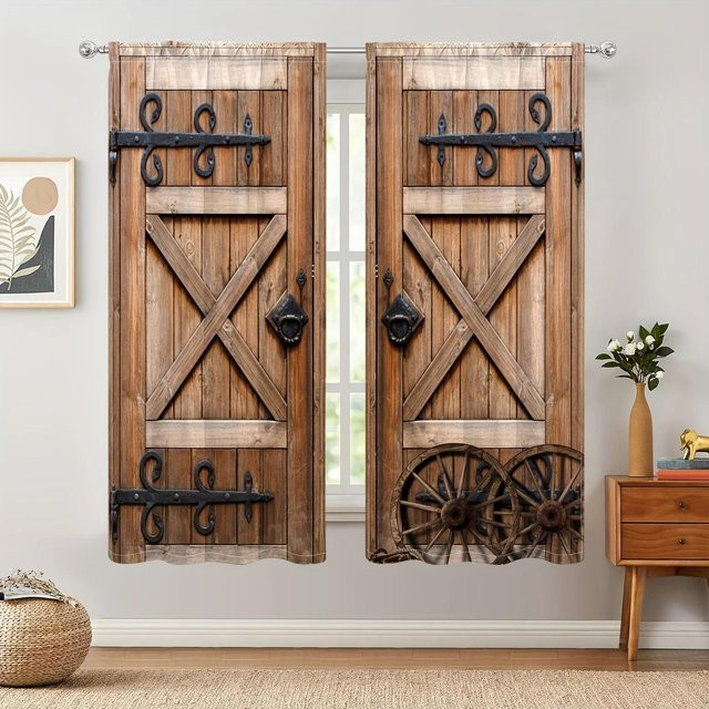2er-Set Rustikaler Holztür-Druckvorhang von Yiran Furniture in Braun, halbtransparentes Fensterdekor aus Polyester, Breite: 50 cm, Höhe: 130 cm - Bild 1