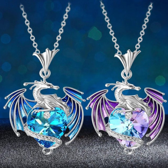 HUASIYI Halskette, Kristall, Herz, Fliegender Drache, Silber, Damen - Bild 1