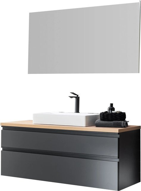 Schöner Wohnen Badmöbel-Set Stockholm 4-teilig in Cosmos Grey mit Waschtischunterschrank, Waschtischablageplatte, Aufsatzwaschtisch und Flächenspiegel mit LED-Beleuchtung, Breite: 120 cm - Bild 1