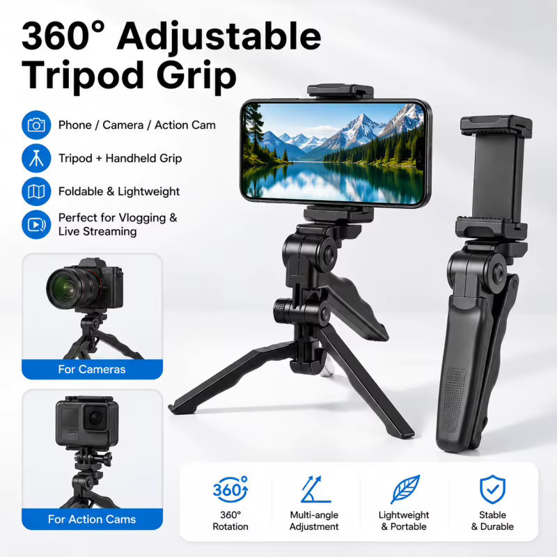 Universelles faltbares Smartphone-Stativ in Schwarz mit 360 Grad Verstellbarkeit für Live-Streaming, Vlogging und Fotografie - Bild 2
