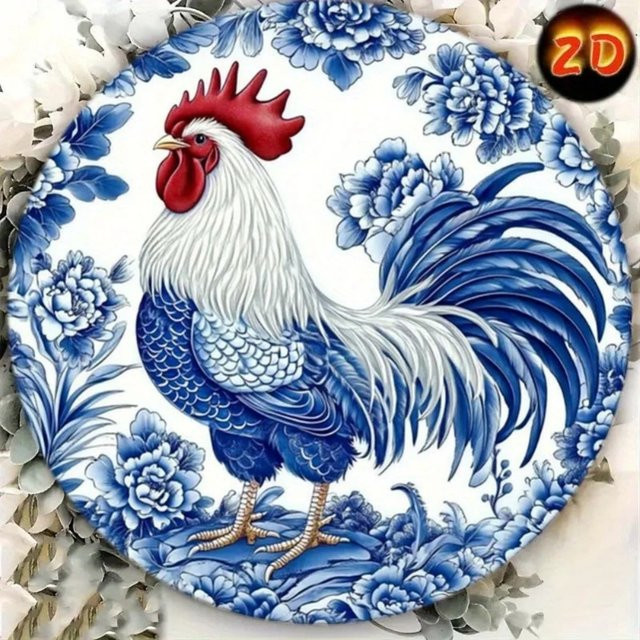 CIFBUY Wandkunst Hahn aus Aluminium in Blau-Weiß mit floralem Design als dekorative Wandplatte - Bild 1