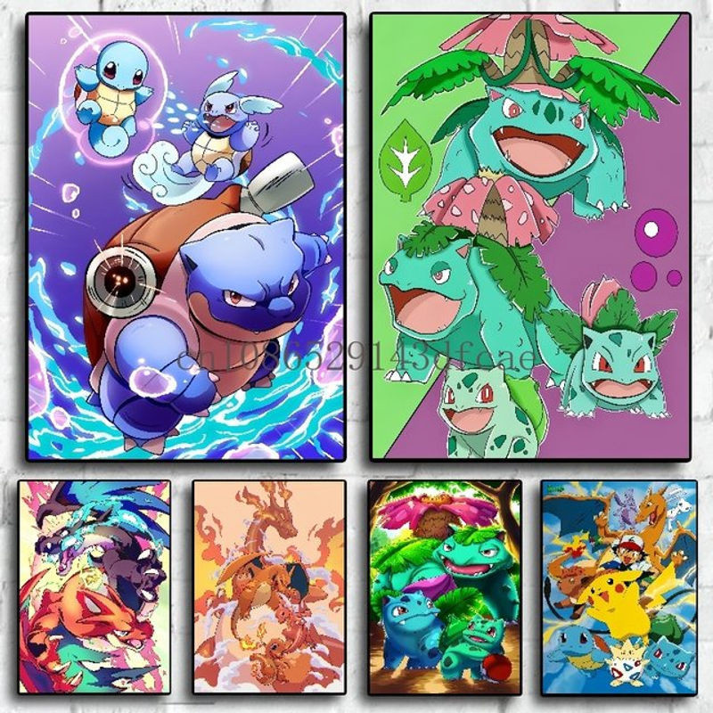 TAKARA TOMY Pokemon Anime Leinwand Wandbild mit Pikachu, Bulbasaur, Squirtle und Charmander in Mehrfarbig, Rechteckig, Hochformat - Bild 1