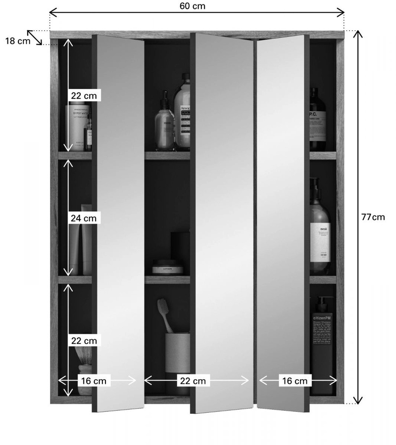 Inn.Furn Spiegelschrank Tomaso in Eiche, 3-türig mit LED-Beleuchtung und Soft-Close, B: 60 cm, H: 77 cm - Bild 4