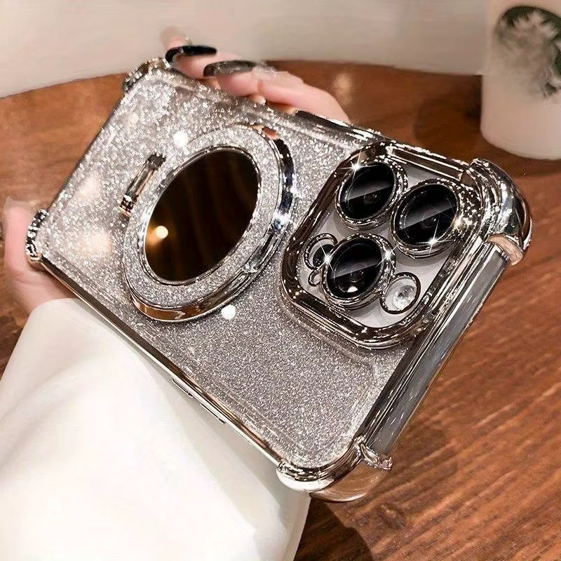 Gusakov Glitzer-Farbverlauf-Handyhülle für iPhone 11 bis 16 Pro Max Plus, Magnetisch mit Spiegel und Anti-Fall-Schutz, Farbe: Mehrfarbig/Pink - Bild 2
