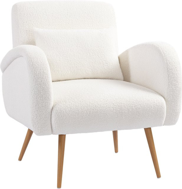 HOMCOM Loungesessel mit Armlehnen und Lendenkissen in Cremeweiß, gepolsterter Relaxsessel mit Bouclé-Bezug und Metallbeinen für Wohnzimmer und Schlafzimmer - Bild 1
