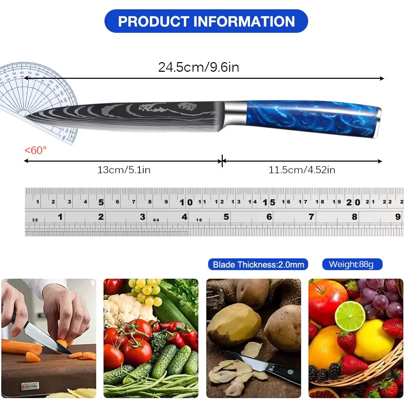 WXCOO 5-Zoll-Küchenmesser-Set mit blauem Harzgriff und Laser-Damast-Muster bestehend aus Kochmesser, Hackmesser und Schneidemesser - Bild 2