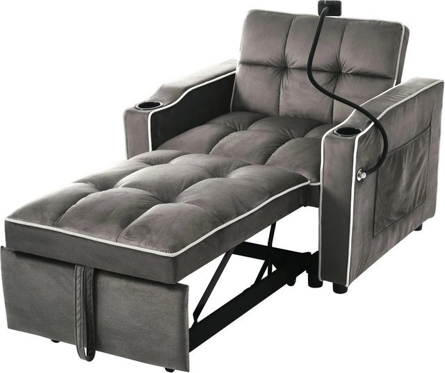 Merax 3in1 Schlafsessel aus Samt in Grau, ausziehbarer Relax-Sessel mit Armlehnen, B/T/H: 83 x 167 x 76 cm - Bild 1