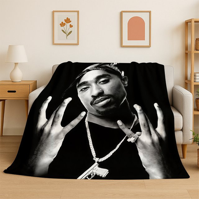 MINISO Flanelldecke mit Hip Hop Rap Motiv in Schwarz, weiche Überwurfdecke für Bett und Wohnzimmer, B/T: 90 x 75 cm - Bild 1