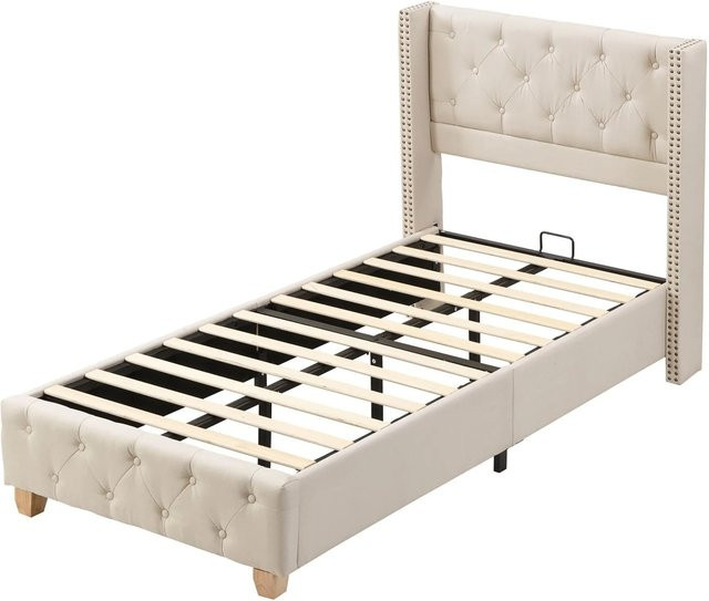 okwish Polsterbett Einzelbett mit Knopfpolsterung in Beige aus Leinen, B/T/H: 90 x 200 x 108 cm - Bild 1