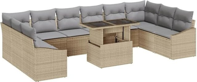 vidaXL Garten-Sofa-Set 11-tlg. in U-Form mit Kissen und Couchtisch, Beige und Hellgrau - Bild 1