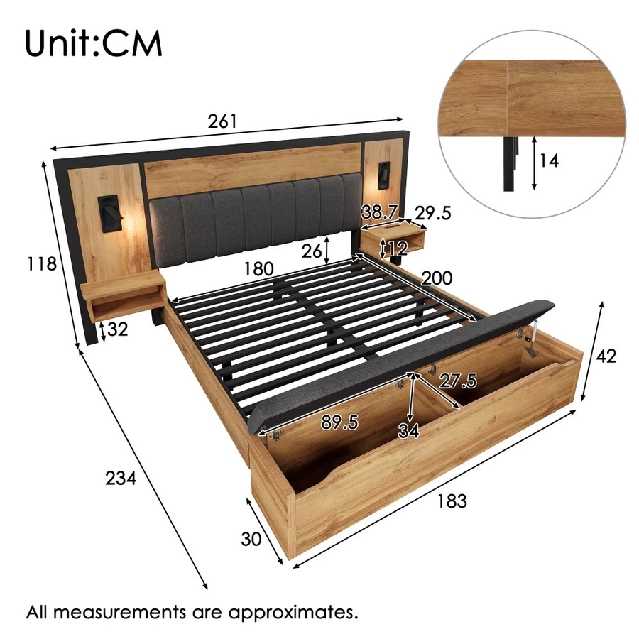 Gepolstertes Doppelbett in Braun mit LED-Beleuchtung, USB-C-Ladeport und Bettbank mit Stauraum, B/T: 180 x 200 cm - Bild 2