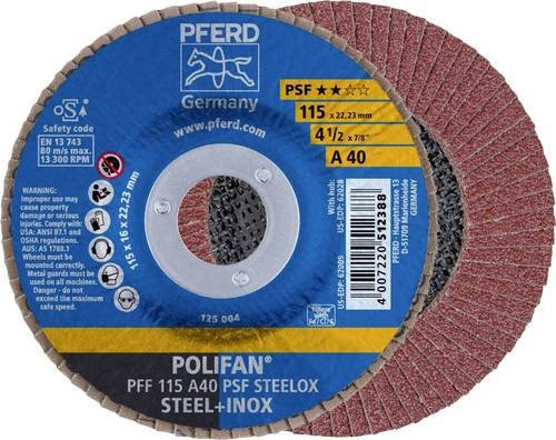 PFERD POLIFAN PSF STEELOX Fächerschleifscheibe für Stahl und Edelstahl, Durchmesser: 115 mm, Bohrungs-Ø: 22,23 mm, Körnung: 40, Mehrfarbig - Bild 1