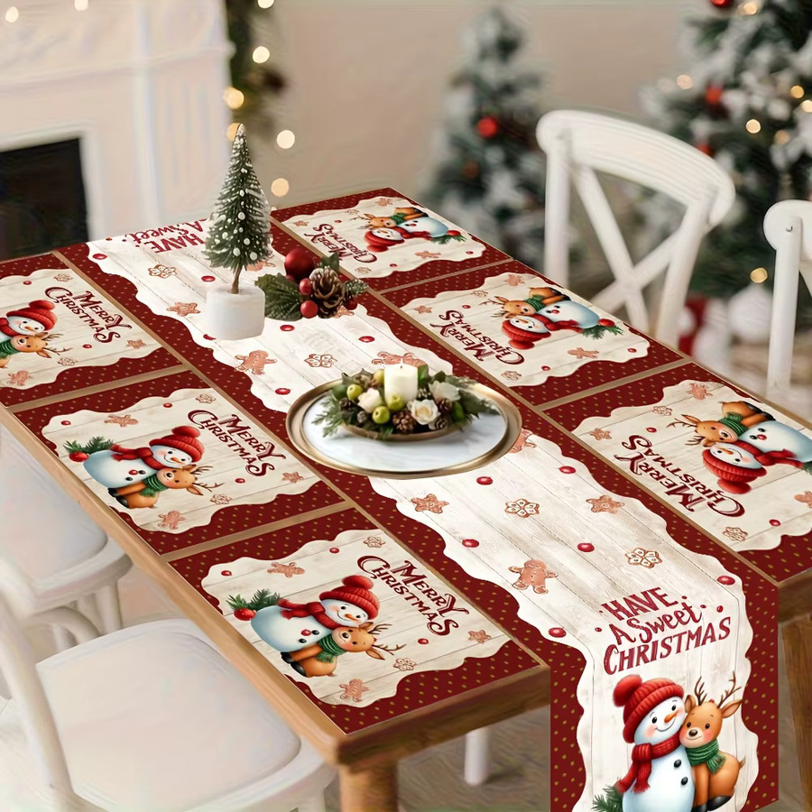 ZZN Weihnachts-Tischläufer und Tischsets aus Baumwolle mit Schneemann und Rentier Motiv in Rot und Weiß - Bild 3