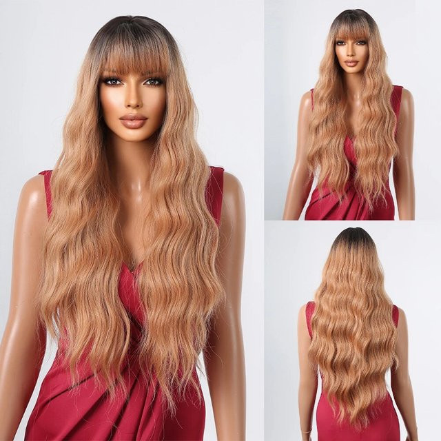 HAIRCUBE Perücke, synthetisch, hellorange braun, lange Wellen mit Pony, dunkle Wurzeln - Bild 1