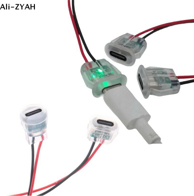 JETTING Wasserdichte USB-C-Stromanschlüsse mit LED-Beleuchtung, transparente 2-Pin USB Typ-C Buchsen, 5/10 Stück - Bild 1