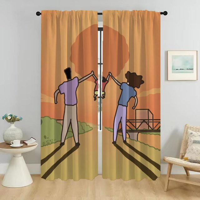 2er-Set Bunte Tüll-Küchenvorhänge mit Grafikdesign, halbtransparent, Breite: 50 cm, Höhe: 70 cm - Bild 1