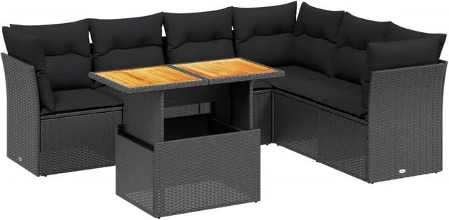 vidaXL 7-teilige Garten-Sofagarnitur in L-Form aus Polyrattan und Akazienholz mit Kissen, Schwarz - Bild 1